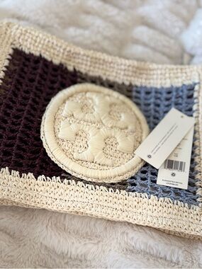 Tory Burch Ella Crochet Clutch w/strap Cream, Blue, and Brown